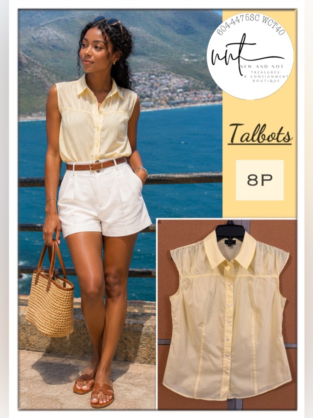 Talbots Petite Yellow Sleeveless Button Front Blouse Top 8P Lightweight